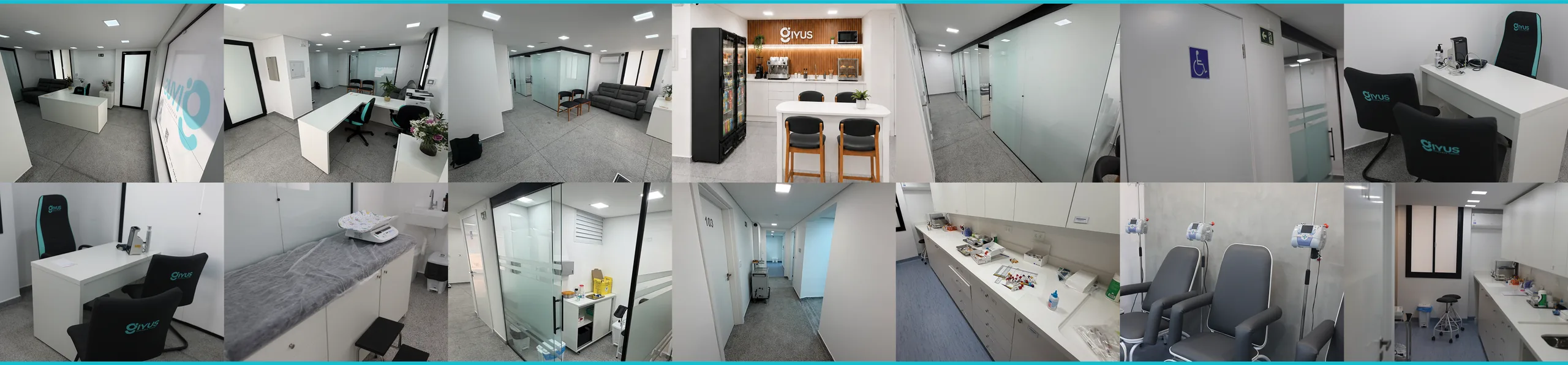 Salas do centro: recepção, consultórios, salas de coleta e de infusão, copa, corredores e postos de trabalho