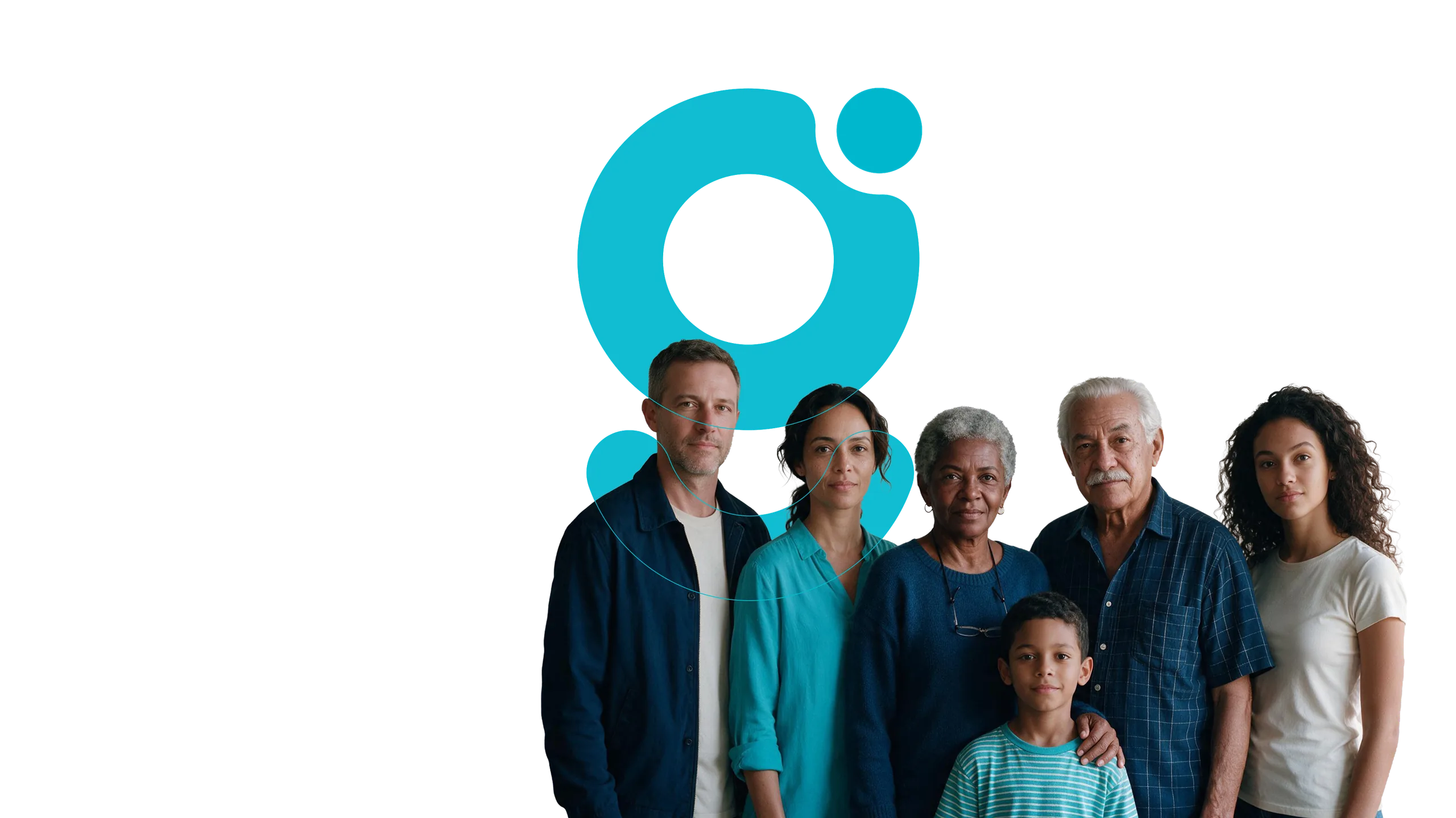 Três gerações de uma família — avós, pais e um menino — à frente do símbolo G da GIYUS