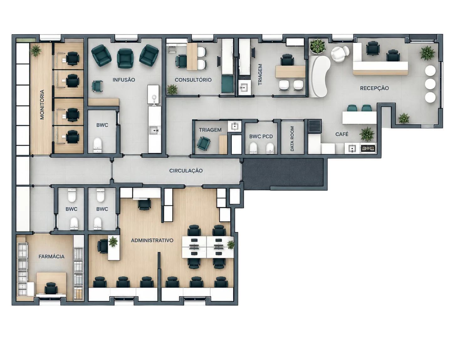 Planta do GIYUS Research Center: recepção, triagem, consultório, salas de infusão e monitoria, farmácia, administrativo e área de circulação